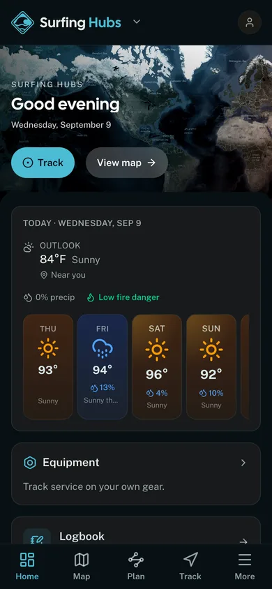 The Surfing Hubs app dashboard