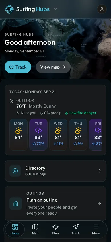 The Surfing Hubs app dashboard