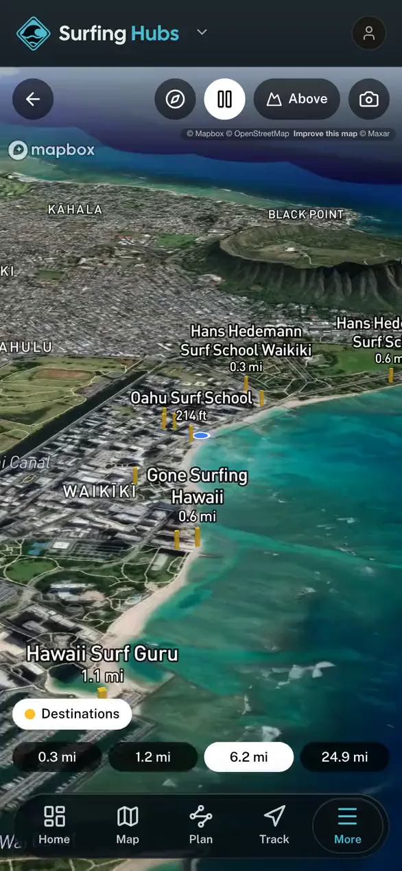 Nearby places standing on the real terrain in 3D in the Surfing Hubs app