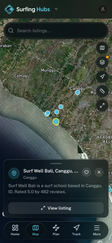 Nearby places mapped in the Surfing Hubs app