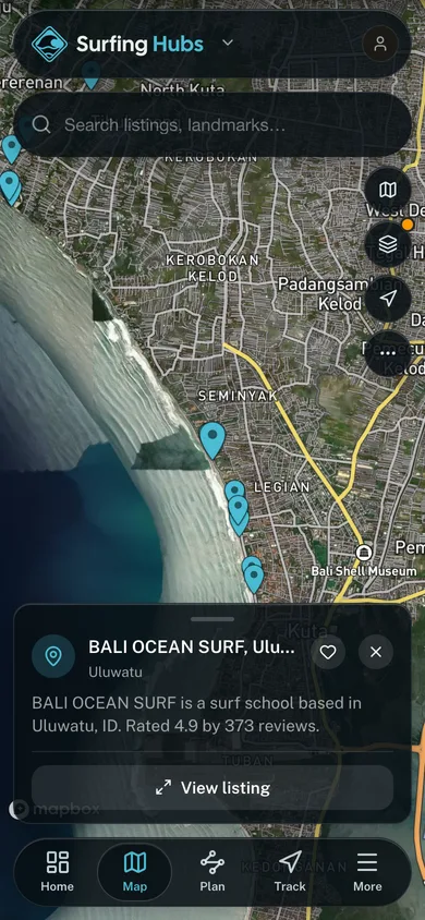 Nearby places mapped in the Surfing Hubs app
