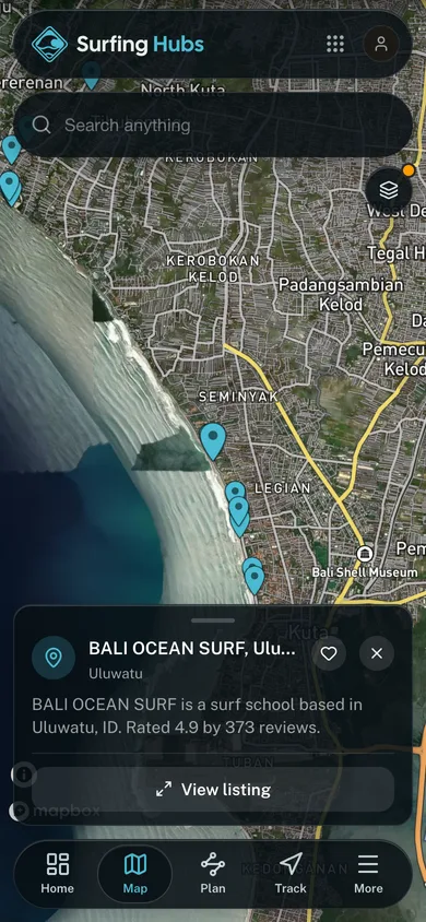 Nearby places mapped in the Surfing Hubs app