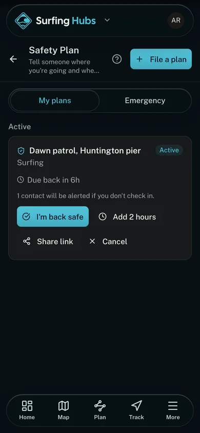 An active safety plan with its check-in time in the Surfing Hubs app