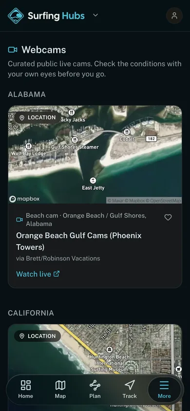 Live public webcams grouped by state in the Surfing Hubs app