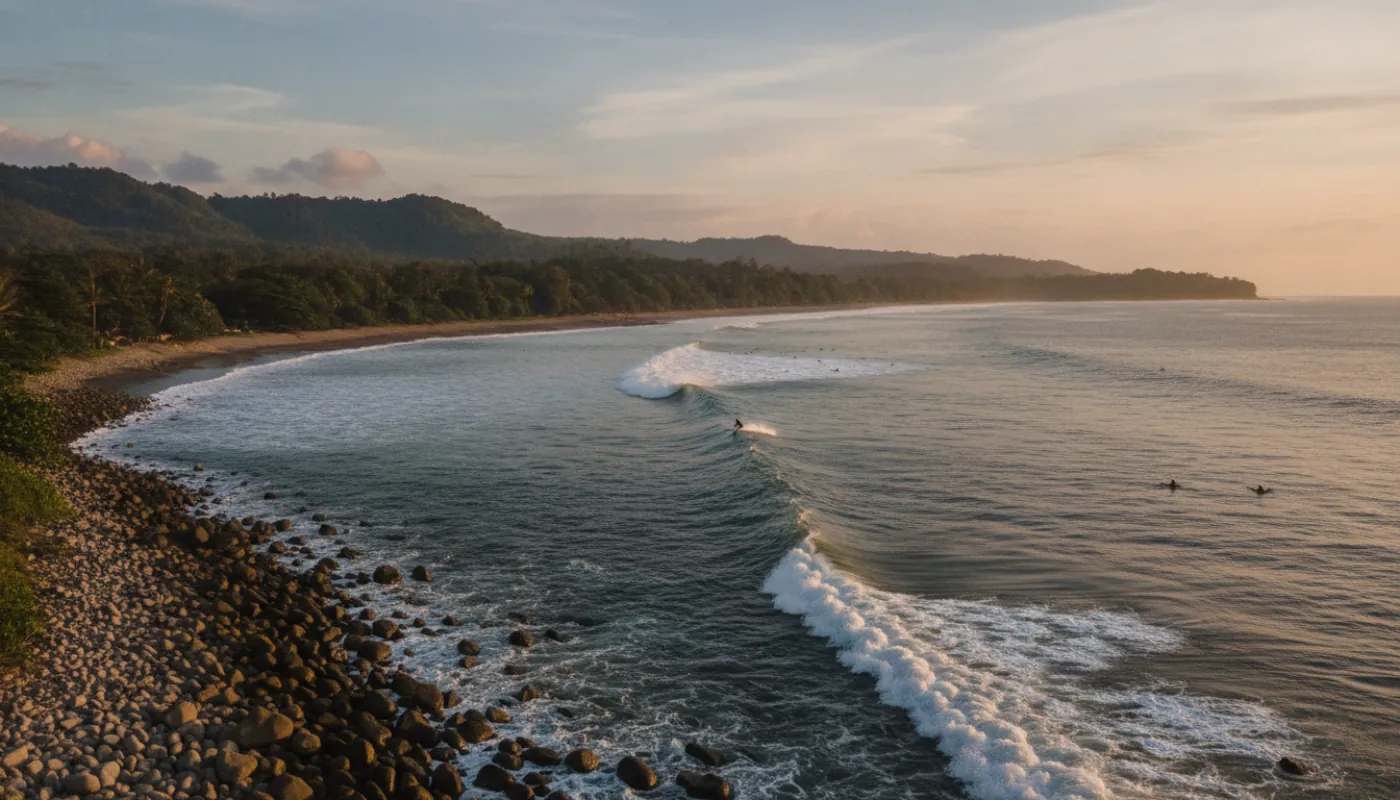 A long, mellow left point wave peeling over a boulder-and-cobble point on Bali's west coast, a surfer trimming along the open face in warm tropical light, green jungle hills rising behind the beach