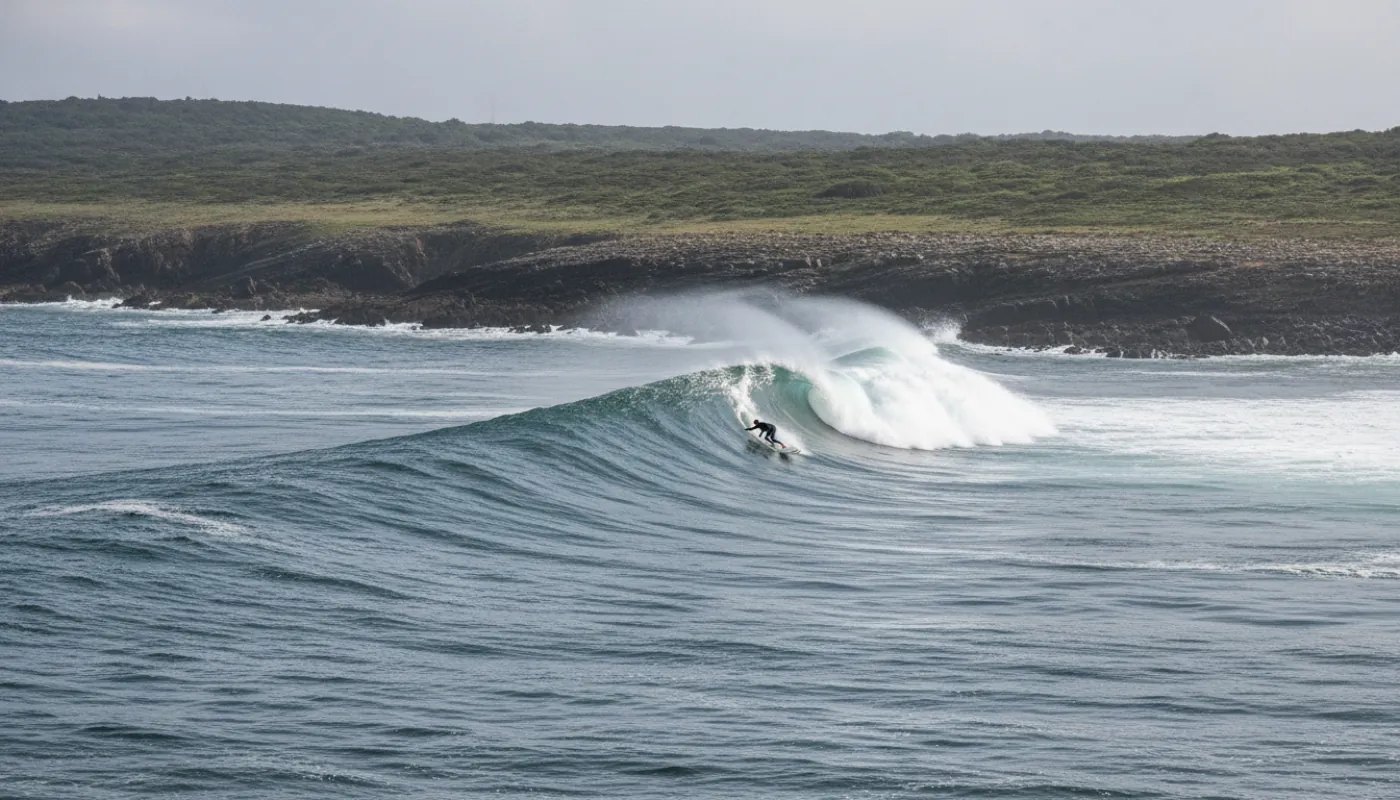 A right-hand point wave peeling along a rocky Portuguese headland under soft overcast autumn light, a lone surfer setting a clean line across the open face, whitewater trailing behind, low green cliffs beyond