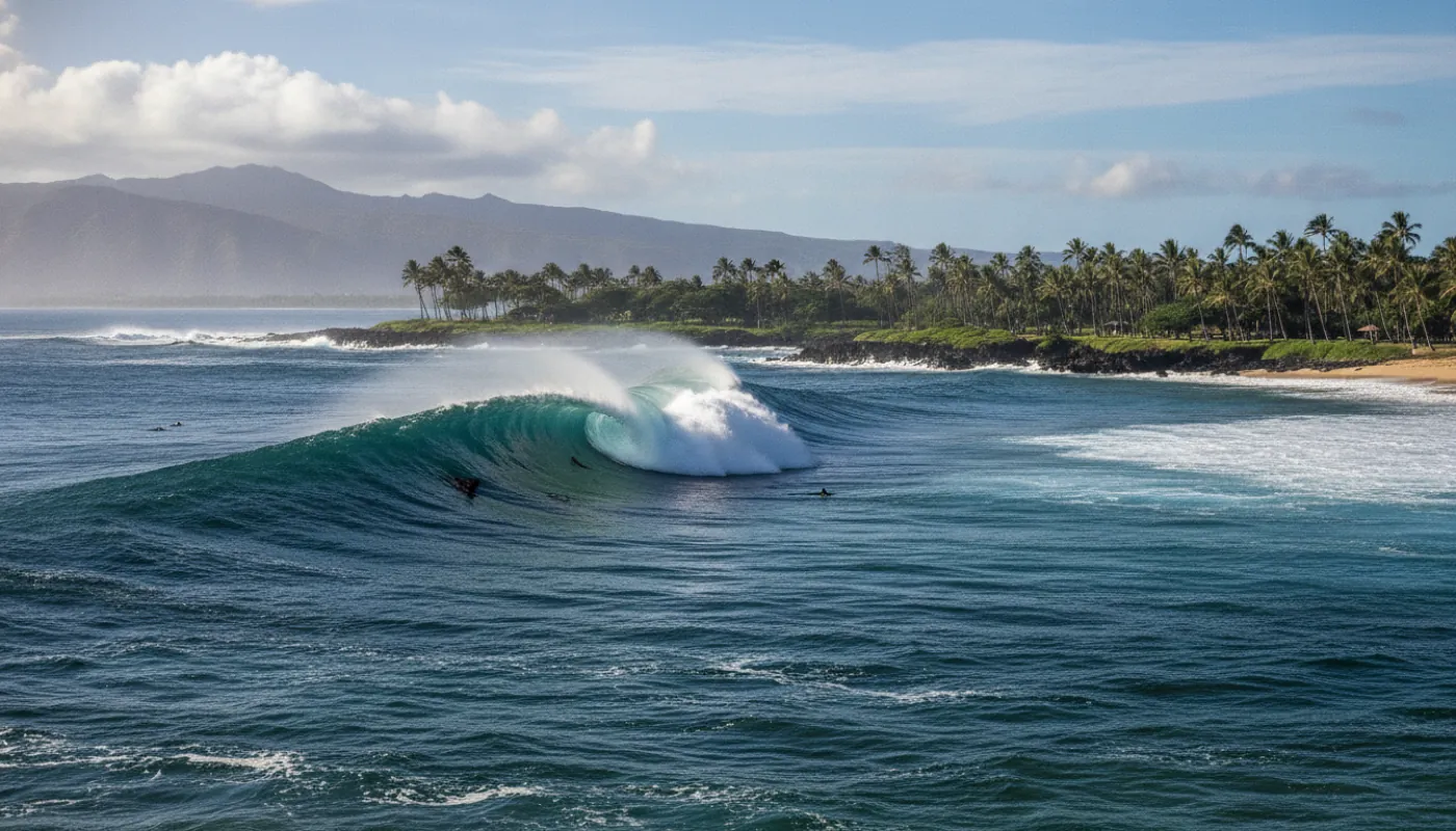 A large winter swell wrapping into a North Shore Oahu bay, a powerful hollow wave throwing spray under bright trade-wind sky, a few surfers as small silhouettes in the channel, palms lining the beach