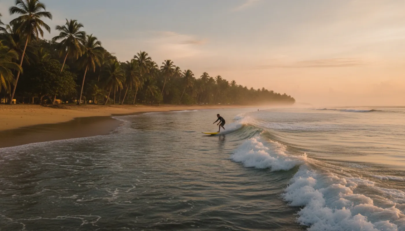 A mellow Pacific beach-break wave in Costa Rica at golden hour, a beginner surfer riding whitewater toward the sand on a soft-top longboard, a palm-lined shoreline and warm tropical light