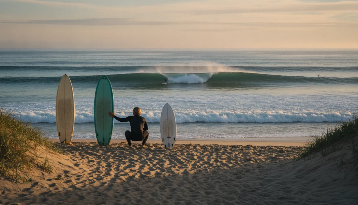 Three surfboards of different lengths (a longboard, a mid-length, and a shortboard), standing upright in the sand against a low dune, a surfer crouched choosing between them in soft morning light