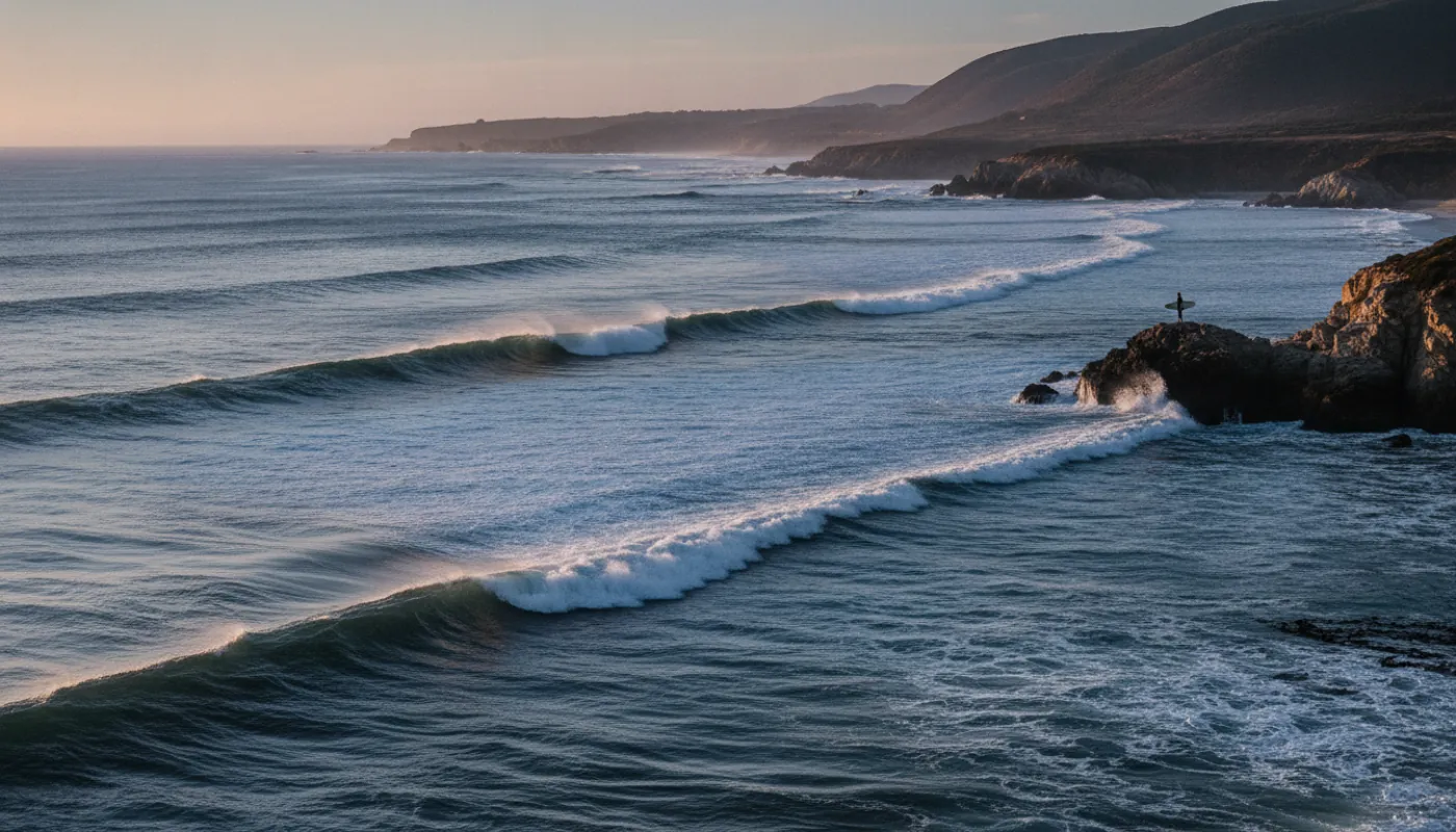 Clean long-period groundswell lines marching toward an empty point break at dawn, offshore wind feathering the crests, a lone surfer silhouetted on the headland watching, cool pre-sunrise light