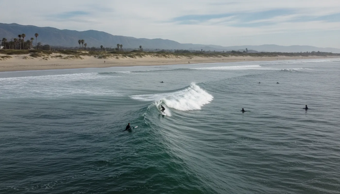 Several surfers spread across a sandy beach-break lineup on a small clean morning, a waist-high wave peeling as one surfer drops in, gentle sandbar peaks under soft overcast light