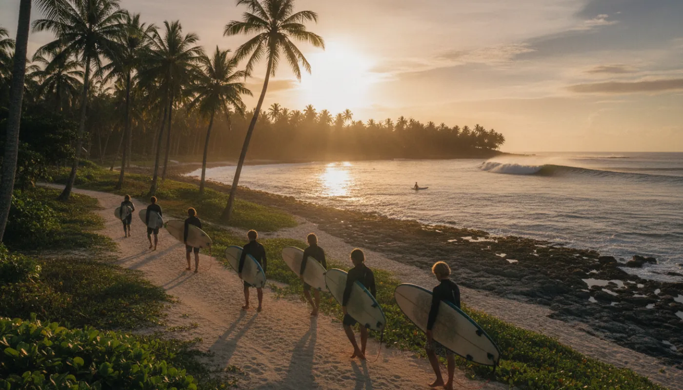A group of surf-camp students walking a sandy path toward the beach at golden hour, soft-top longboards under their arms, palm trees and a tropical shoreline ahead in warm low sun