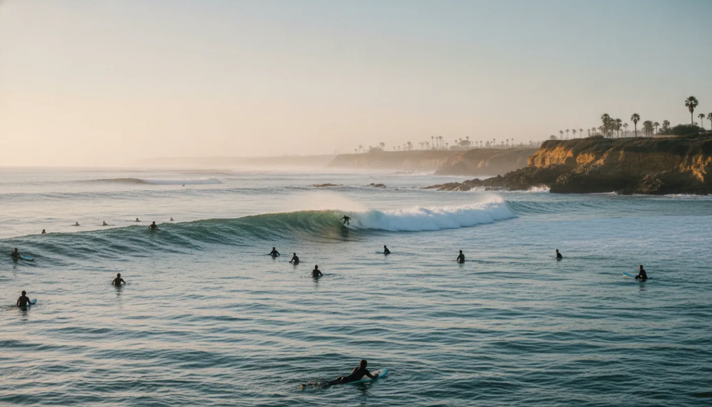 A crowded beach-break lineup seen from the water, a dozen surfers sitting on their boards waiting between sets while one paddles for a peaking wave, hazy silver coastal light