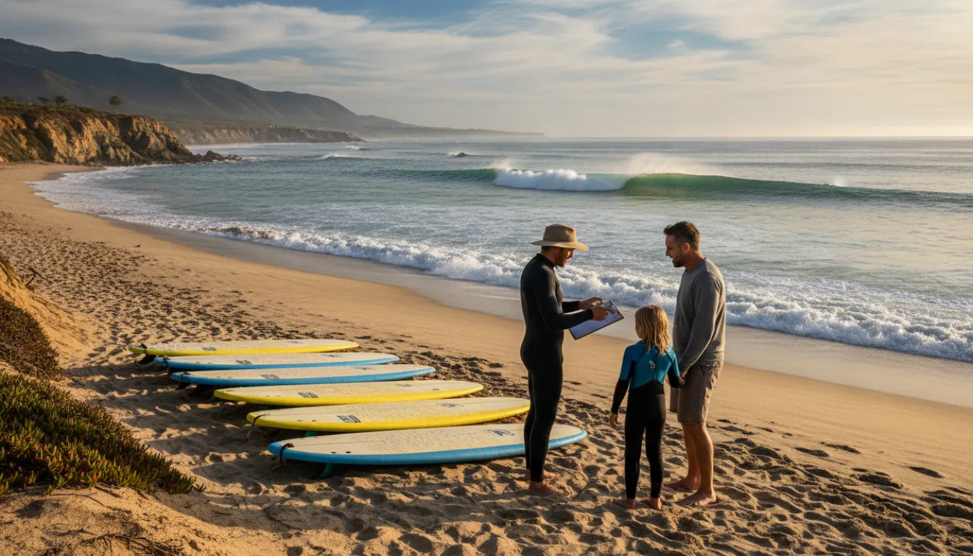 A surf instructor on the beach going over a clipboard with a parent and child before a lesson, soft-top boards lined up on the sand behind them, bright coastal morning light