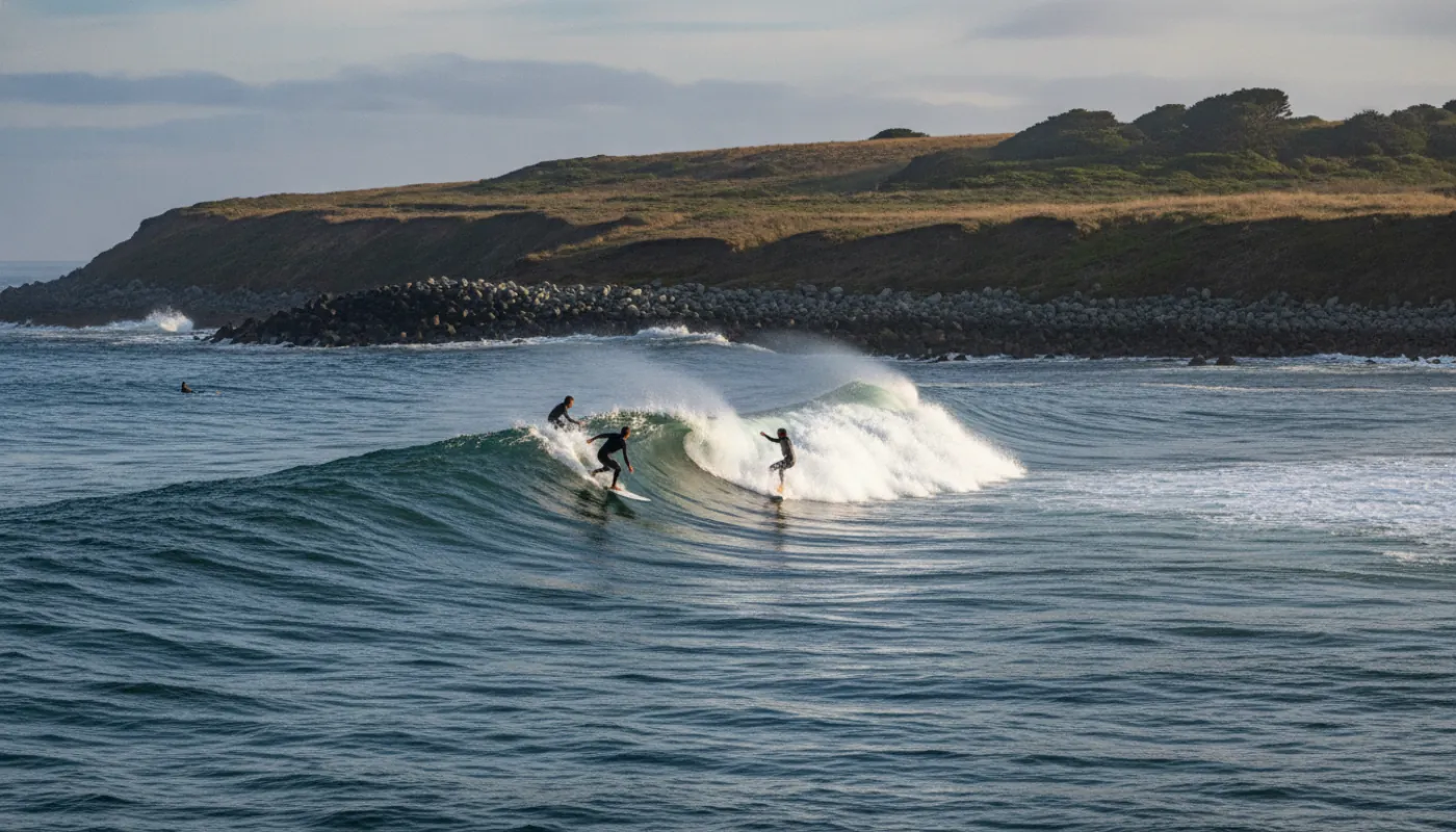 Two surfers at the peak of a clean point-break wave, the deeper surfer dropping in with right of way while the other pulls back off the shoulder, spray peeling off the face, a cobble point and headland behind