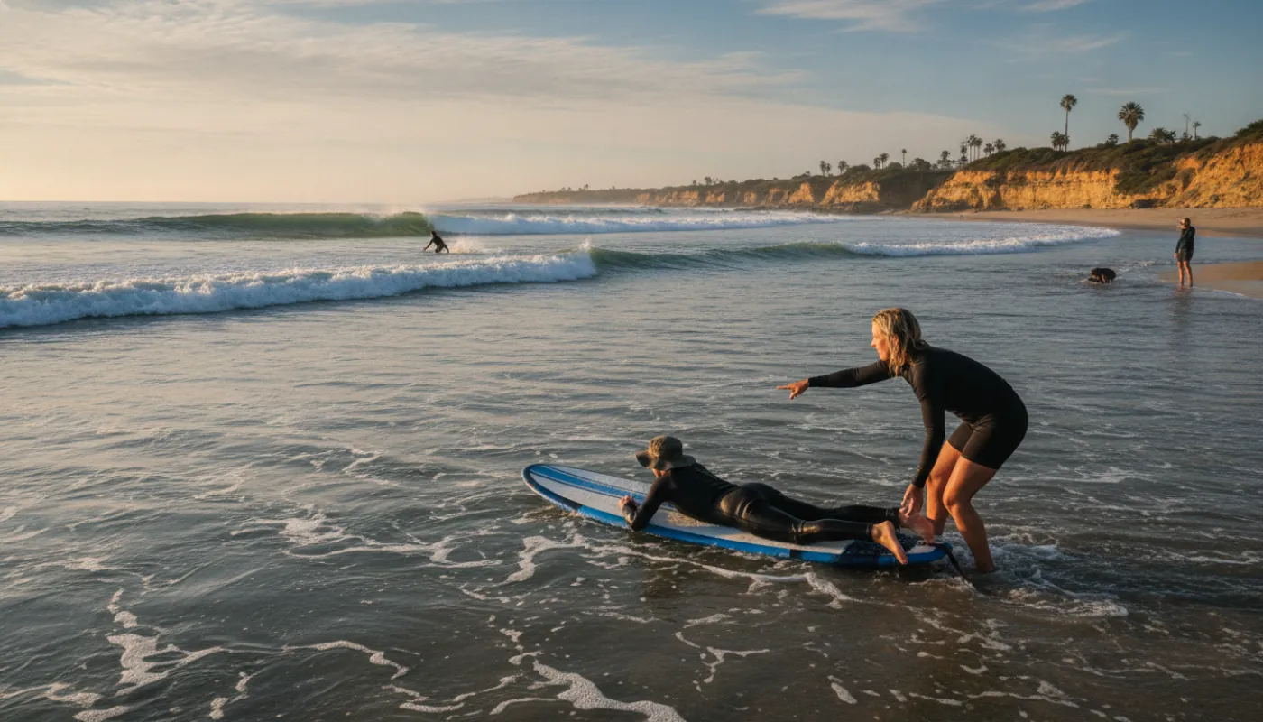 A beginner surfer lying prone on a soft-top longboard in shallow whitewater, an instructor in a rashguard steadying the board's tail and pointing toward the beach, gentle waves and bright coastal morning light