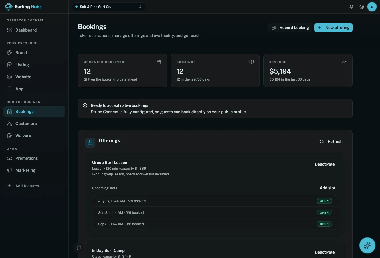 Surfing Hubs cockpit: Bookings & payments