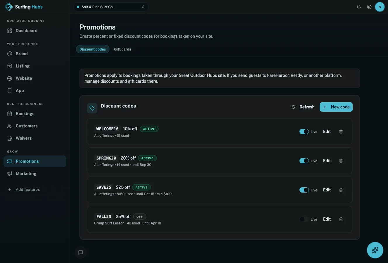 Surfing Hubs cockpit: Promotions