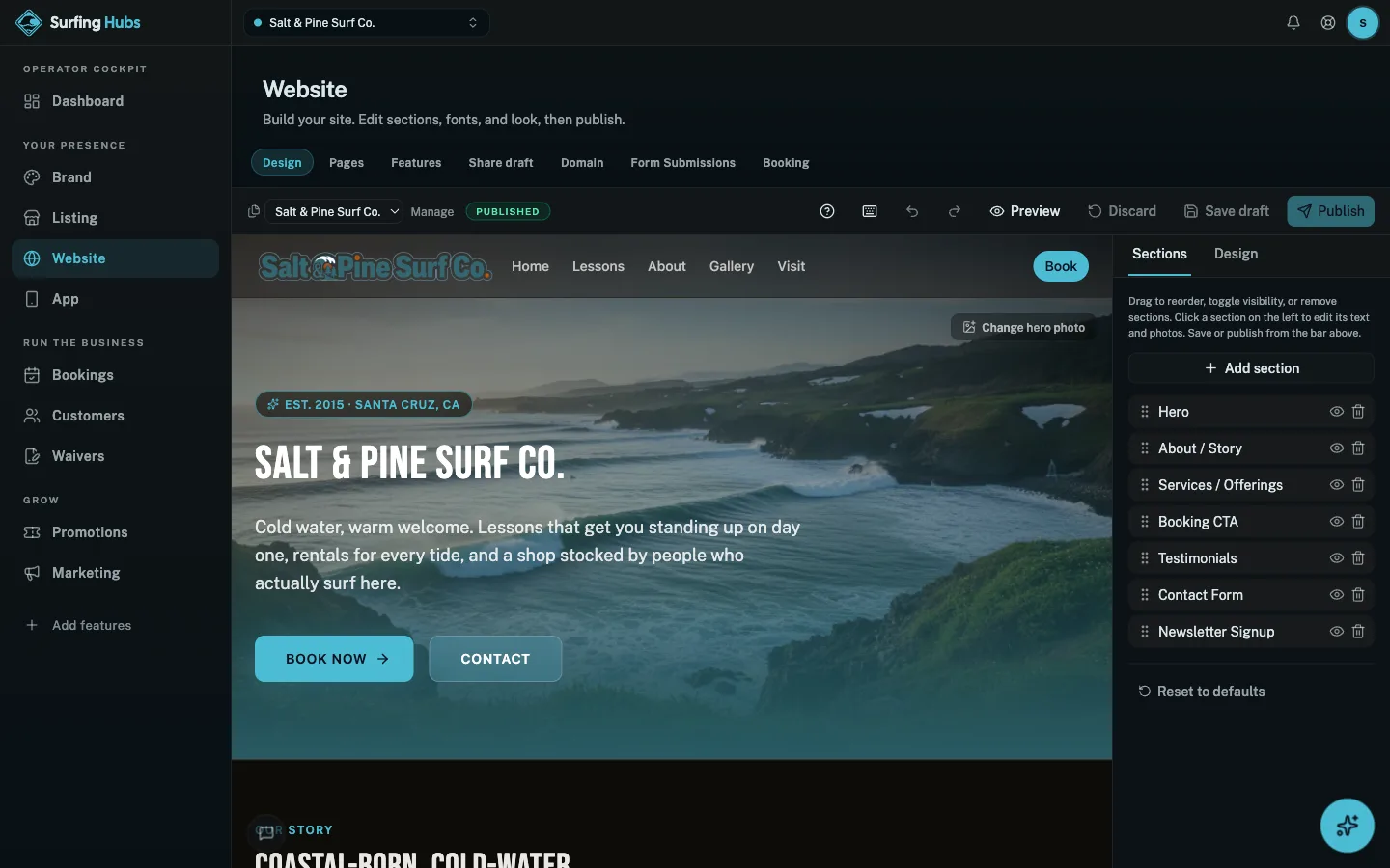 Surfing Hubs cockpit: Website builder